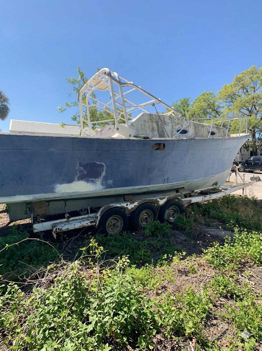 Abandoned boat on a trailer in overgrown lot